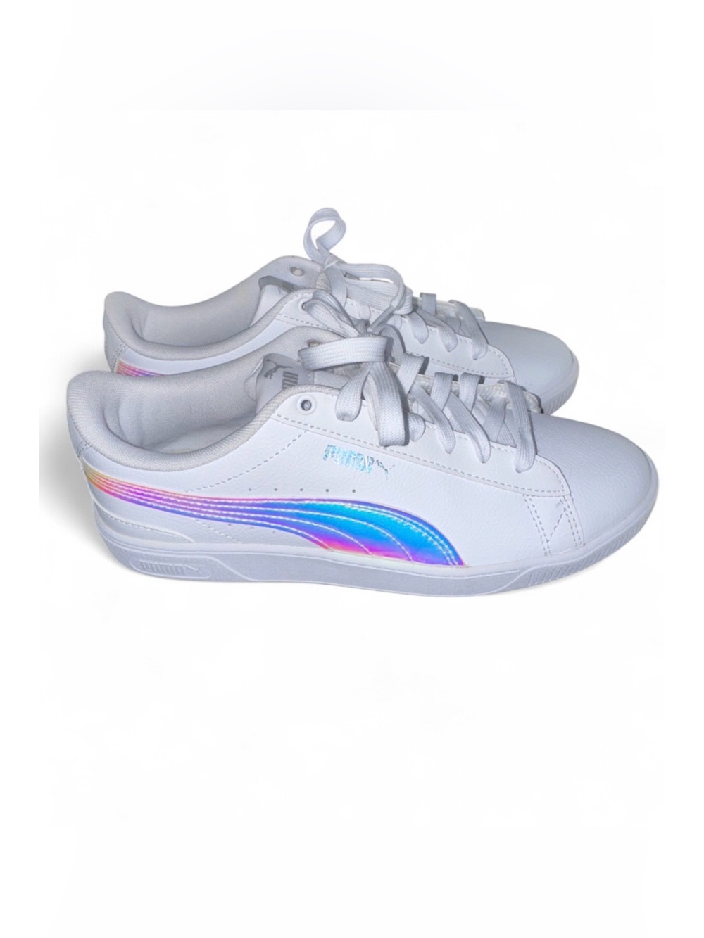 PUMA Women’s ' White Sneakers with Iridescent Pink-Blue Stripe